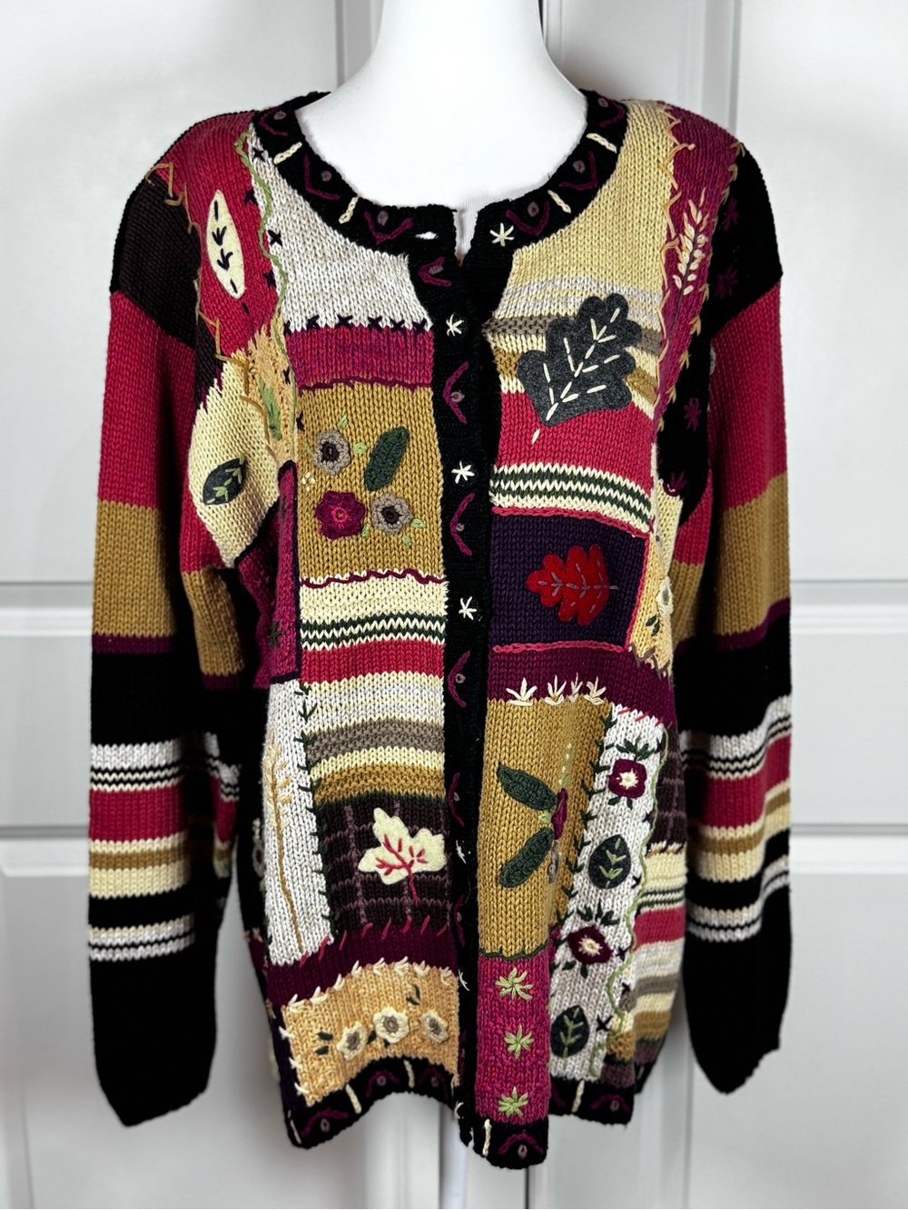 Stitches Patchwork Cardigan Embroidered Floral Boho Cottagecore Knit Sweater L